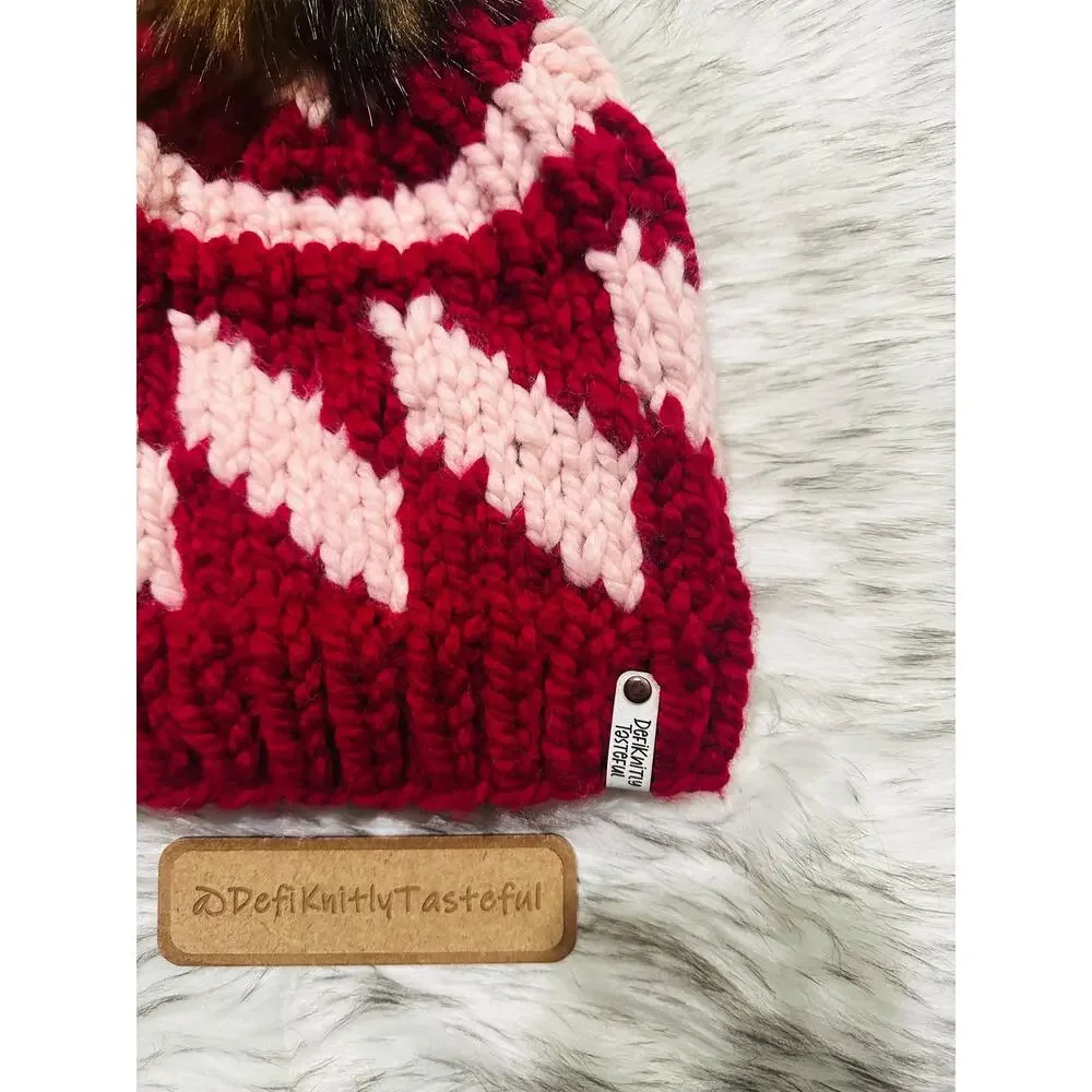 Hand Knit Tilt A Whirl Beanie: Cozy Winter Hat with Faux Fur Pom